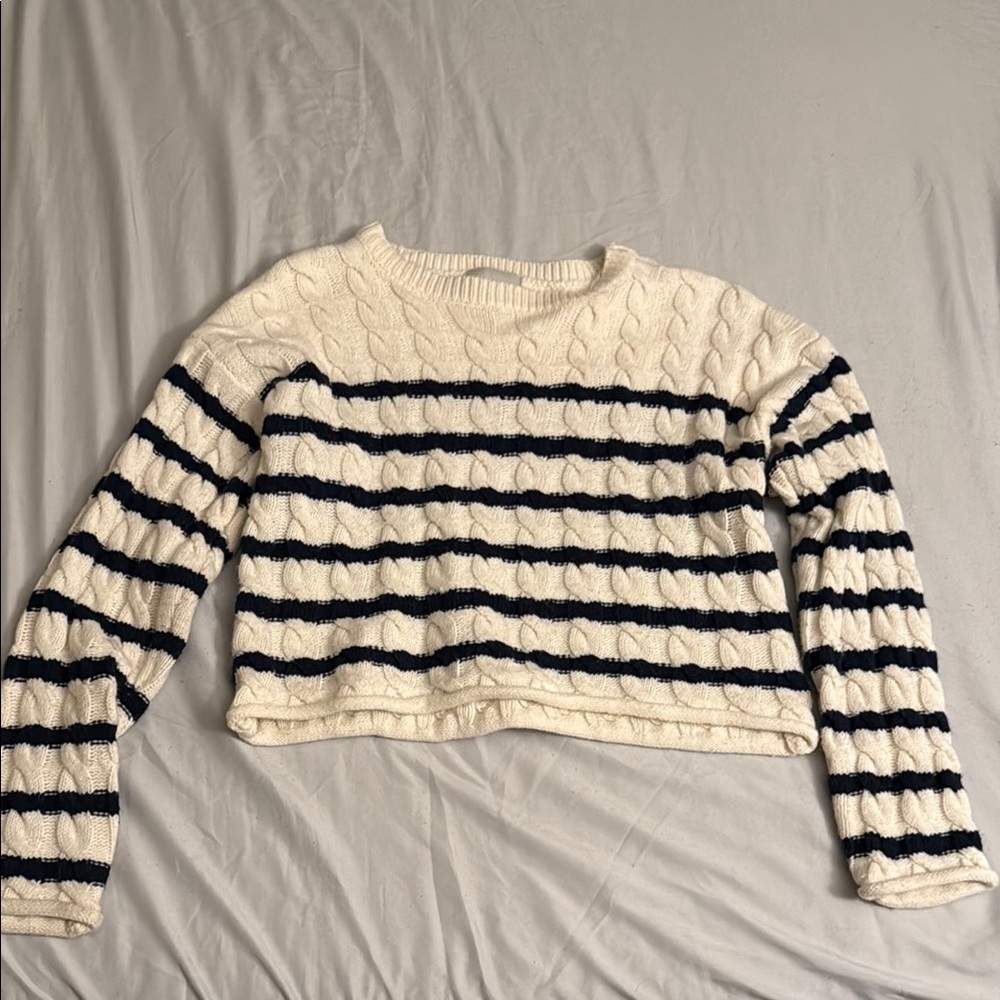 Pink Rose Cream and Black Crew Neck Sweater with Stripes